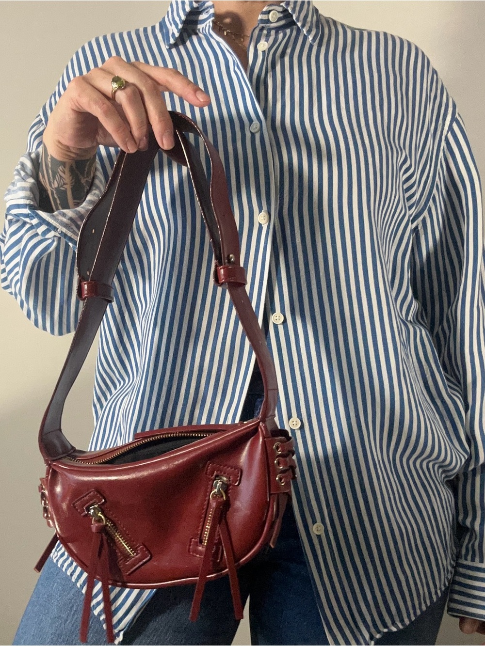 Y2K Cherry Red Vegan Leather Shoulder Bag with Tassel and Zip Details